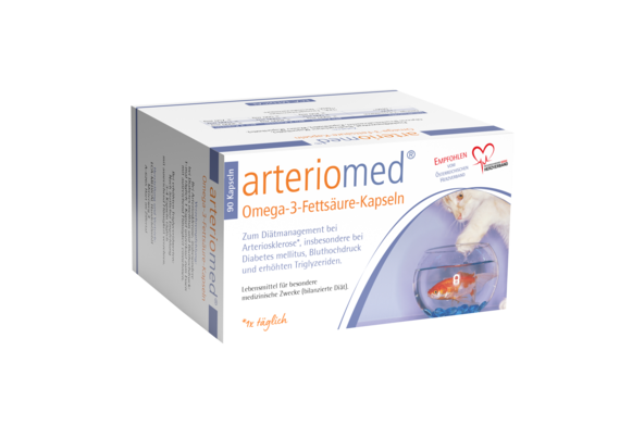Sie sehen eine Packung arteriomed® Omega-3-Fettsäure-Kapseln, Produktbild: 01 arteriomed® Omega-3-Fettsäure-Kapseln, A-Nr.: 3053646 - 01
