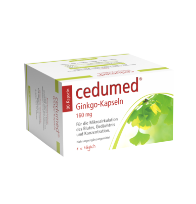 Sie sehen eine Packung cedumed® Ginkgo-Kapseln, Produktbild: 01 cedumed® Ginkgo-Kapseln, A-Nr.: 3293758 - 01