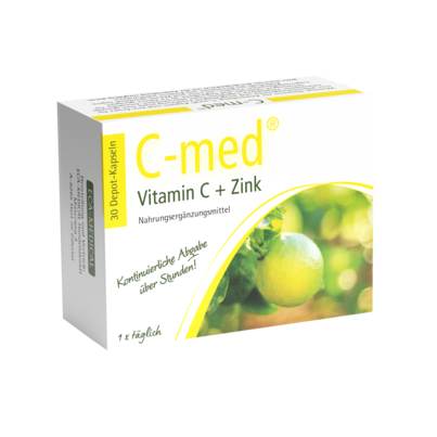 Sie sehen eine Packung C-med® Vitamin C + Zink Depot-Kapseln, Produktbild: 01 C-med® Vitamin C + Zink Depot-Kapseln, A-Nr.: 3252989 - 01