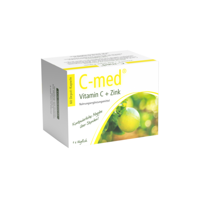 Sie sehen eine Packung C-med® Vitamin C + Zink Depot-Kapseln, Produktbild: 01 C-med® Vitamin C + Zink Depot-Kapseln, A-Nr.: 3252995 - 01
