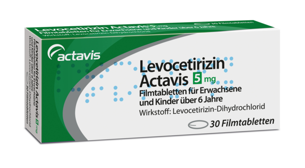 Sie sehen eine Packung Levocetirizin Actavis 5 mg Filmtabletten 30ST, Produktbild: 01 Levocetirizin Actavis 5 mg Filmtabletten 30ST, A-Nr.: 3542888 - 01