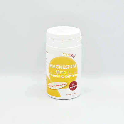 Sie sehen eine Packung Magnesium 60 mg + Vitamin C Kapseln, Produktbild: 01 Magnesium 60 mg + Vitamin C Kapseln, A-Nr.: 4547793 - 01