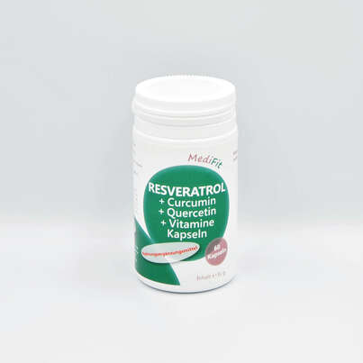 Sie sehen eine Packung Resveratrol + Curcumin + Quercetin + Vitamine Kapseln, Produktbild: 01 Resveratrol + Curcumin + Quercetin + Vitamine Kapseln, A-Nr.: 4547362 - 01