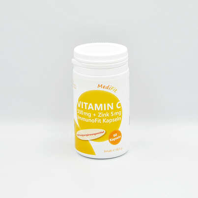 Sie sehen eine Packung Vitamin C 300 mg + Zink ImmunoFit Kapseln, Produktbild: 01 Vitamin C 300 mg + Zink ImmunoFit Kapseln, A-Nr.: 4547741 - 01