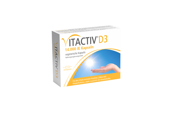 Sie sehen eine Packung VITACTIV® D3 14.000 IE Kapseln, Produktbild: 01 VITACTIV® D3 14.000 IE Kapseln, A-Nr.: 5268598 - 01