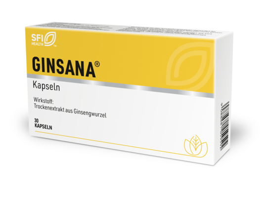 Sie sehen eine Packung Ginsana® (Ginseng-Extrakt G115) 100 mg – Kapseln, Produktbild: 01 Ginsana® (Ginseng-Extrakt G115) 100 mg – Kapseln, A-Nr.: 1059596 - 01