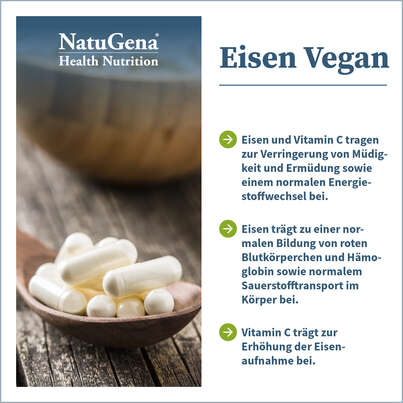 Sie sehen eine Packung NatuGena Eisen Vegan Kapseln, Produktbild: 03 NatuGena Eisen Vegan Kapseln, A-Nr.: 5178228 - 03
