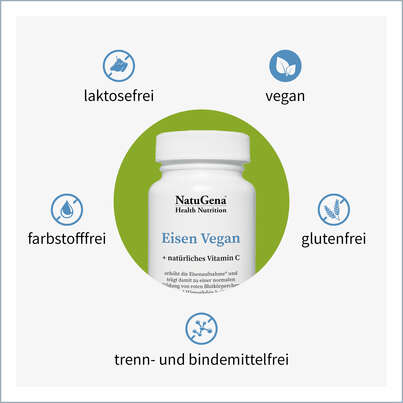 Sie sehen eine Packung NatuGena Eisen Vegan Kapseln, Produktbild: 05 NatuGena Eisen Vegan Kapseln, A-Nr.: 5178228 - 05
