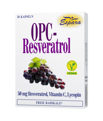 Sie sehen eine Packung Espara OPC-Resveratrol Kapseln, Produktbild: 01 Espara OPC-Resveratrol Kapseln, A-Nr.: 3851750 - 01