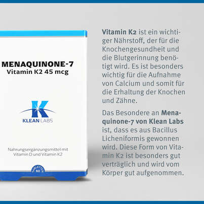 Sie sehen eine Packung Menaquinone-7 Vitamin K2 45 mcg Klean Labs Tabletten, Produktbild: 05 Menaquinone-7 Vitamin K2 45 mcg Klean Labs Tabletten, A-Nr.: 5395575 - 05