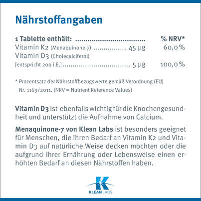 Sie sehen eine Packung Menaquinone-7 Vitamin K2 45 mcg Klean Labs Tabletten, Produktbild: 06 Menaquinone-7 Vitamin K2 45 mcg Klean Labs Tabletten, A-Nr.: 5395575 - 06