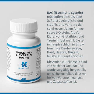 Sie sehen eine Packung N-Acetyl-L-Cystein 500mg Klean Labs Kapseln, Produktbild: 07 N-Acetyl-L-Cystein 500mg Klean Labs Kapseln, A-Nr.: 5395753 - 07