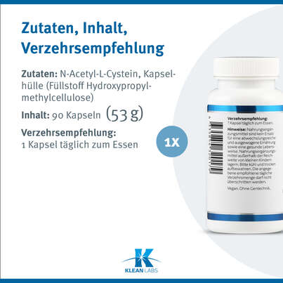 Sie sehen eine Packung N-Acetyl-L-Cystein 500mg Klean Labs Kapseln, Produktbild: 09 N-Acetyl-L-Cystein 500mg Klean Labs Kapseln, A-Nr.: 5395753 - 09