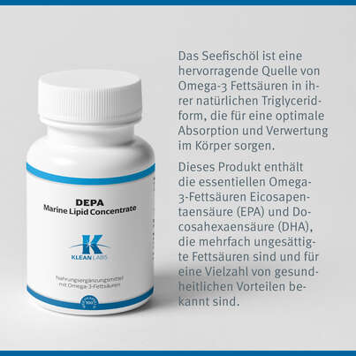 Sie sehen eine Packung Depa Marine Lipid Concentrate Omega-3 Klean Labs Weichkapseln, Produktbild: 07 Depa Marine Lipid Concentrate Omega-3 Klean Labs Weichkapseln, A-Nr.: 5598255 - 07