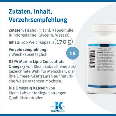Sie sehen eine Packung Depa Marine Lipid Concentrate Omega-3 Klean Labs Weichkapseln, Produktbild: 09 Depa Marine Lipid Concentrate Omega-3 Klean Labs Weichkapseln, A-Nr.: 5598255 - 09