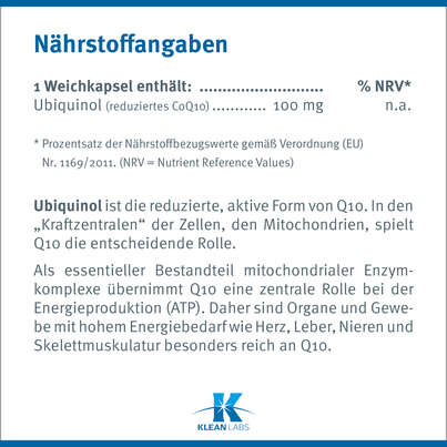 Sie sehen eine Packung Ubiquinol 100 mg Klean Labs Weichkapsel, Produktbild: 08 Ubiquinol 100 mg Klean Labs Weichkapsel, A-Nr.: 5395581 - 08
