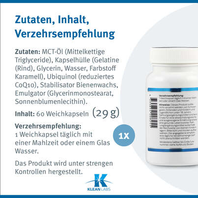 Sie sehen eine Packung Ubiquinol 100 mg Klean Labs Weichkapsel, Produktbild: 09 Ubiquinol 100 mg Klean Labs Weichkapsel, A-Nr.: 5395581 - 09
