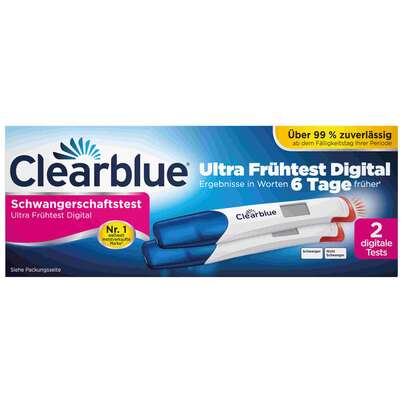 Sie sehen eine Packung Clearblue® Schwangerschaftstest Ultra Frühtest Digital, Produktbild: 01 Clearblue® Schwangerschaftstest Ultra Frühtest Digital, A-Nr.: 5645960 - 01