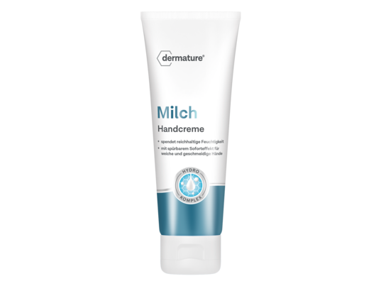 Sie sehen eine Packung Dermature Milch Handcreme, Produktbild: 01 Dermature Milch Handcreme, A-Nr.: 5341266 - 01