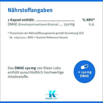 Sie sehen eine Packung DMAE 150 mg Klean Labs Kapseln, Produktbild: 08 DMAE 150 mg Klean Labs Kapseln, A-Nr.: 5749493 - 08