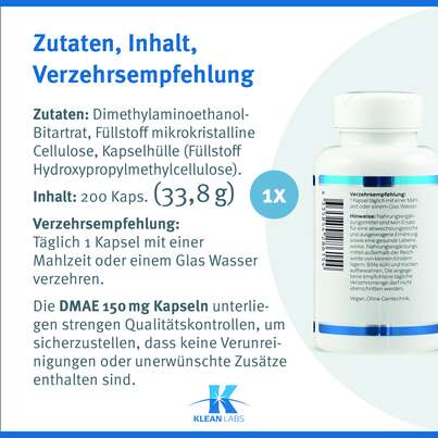 Sie sehen eine Packung DMAE 150 mg Klean Labs Kapseln, Produktbild: 09 DMAE 150 mg Klean Labs Kapseln, A-Nr.: 5749493 - 09