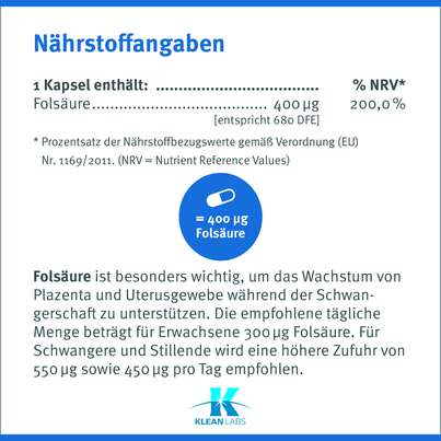 Folsäure 400 Klean Labs Kapseln, A-Nr.: 5598137 - 08