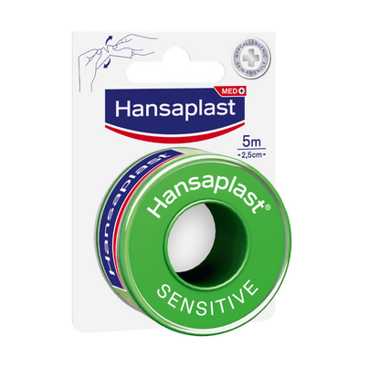 Sie sehen eine Packung Hansaplast Fixierpflaster Sensitive 5m x 2,5cm, Produktbild: 01 Hansaplast Fixierpflaster Sensitive 5m x 2,5cm, A-Nr.: 3287456 - 01