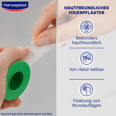 Sie sehen eine Packung Hansaplast Fixierpflaster Sensitive 5m x 2,5cm, Produktbild: 02 Hansaplast Fixierpflaster Sensitive 5m x 2,5cm, A-Nr.: 3287456 - 02