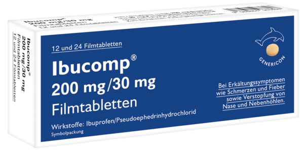 Sie sehen eine Packung Ibucomp® 200 mg/30 mg Filmtabletten, Produktbild: 01 Ibucomp® 200 mg/30 mg Filmtabletten, A-Nr.: 4963698 - 01