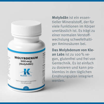Sie sehen eine Packung Molybdenum 500 mcg (Molybdän) Klean Labs Kapseln, Produktbild: 07 Molybdenum 500 mcg (Molybdän) Klean Labs Kapseln, A-Nr.: 5622054 - 07