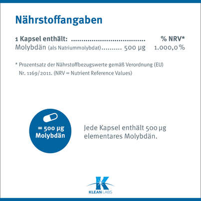Sie sehen eine Packung Molybdenum 500 mcg (Molybdän) Klean Labs Kapseln, Produktbild: 08 Molybdenum 500 mcg (Molybdän) Klean Labs Kapseln, A-Nr.: 5622054 - 08