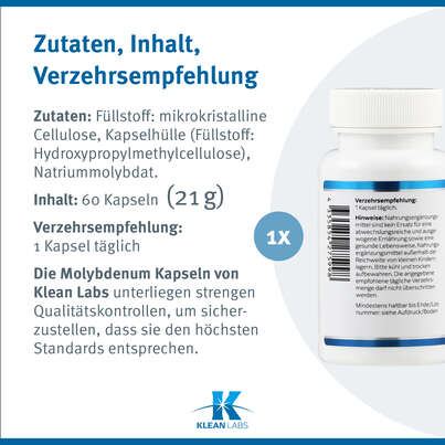 Sie sehen eine Packung Molybdenum 500 mcg (Molybdän) Klean Labs Kapseln, Produktbild: 09 Molybdenum 500 mcg (Molybdän) Klean Labs Kapseln, A-Nr.: 5622054 - 09