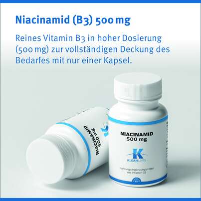 Sie sehen eine Packung Niacinamid (B3) 500 mg Klean Labs Kapseln, Produktbild: 06 Niacinamid (B3) 500 mg Klean Labs Kapseln, A-Nr.: 5598232 - 06