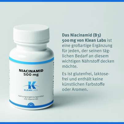 Sie sehen eine Packung Niacinamid (B3) 500 mg Klean Labs Kapseln, Produktbild: 07 Niacinamid (B3) 500 mg Klean Labs Kapseln, A-Nr.: 5598232 - 07
