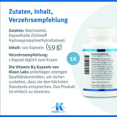 Sie sehen eine Packung Niacinamid (B3) 500 mg Klean Labs Kapseln, Produktbild: 09 Niacinamid (B3) 500 mg Klean Labs Kapseln, A-Nr.: 5598232 - 09