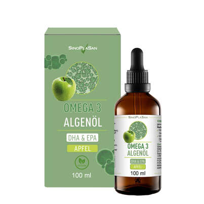 Sie sehen eine Packung Omega-3 Algenöl DHA+EPA 100 ml APFEL, Produktbild: 01 Omega-3 Algenöl DHA+EPA 100 ml APFEL, A-Nr.: 5826348 - 01
