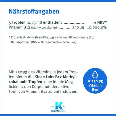 Sie sehen eine Packung Vitamin B12 Methylcobalamin Klean Labs Tropfen, Produktbild: 07 Vitamin B12 Methylcobalamin Klean Labs Tropfen, A-Nr.: 5598143 - 07