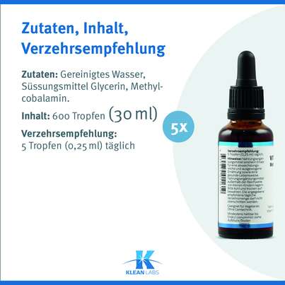 Sie sehen eine Packung Vitamin B12 Methylcobalamin Klean Labs Tropfen, Produktbild: 08 Vitamin B12 Methylcobalamin Klean Labs Tropfen, A-Nr.: 5598143 - 08