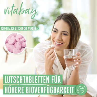 Sie sehen eine Packung Vitabay Vitamin B12 mit Folat Lutschtabletten, Produktbild: 02 Vitabay Vitamin B12 mit Folat Lutschtabletten, A-Nr.: 5878428 - 02