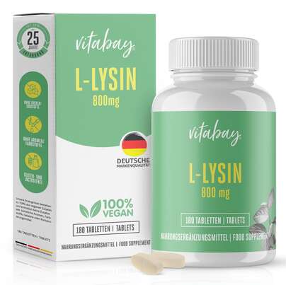 Sie sehen eine Packung Vitabay L-Lysin 800mg Tabletten, Produktbild: 01 Vitabay L-Lysin 800mg Tabletten, A-Nr.: 5878635 - 01