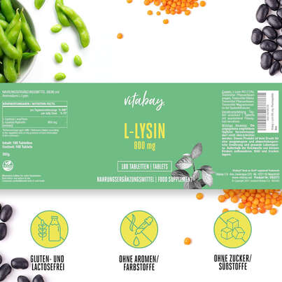 Sie sehen eine Packung Vitabay L-Lysin 800mg Tabletten, Produktbild: 06 Vitabay L-Lysin 800mg Tabletten, A-Nr.: 5878635 - 06