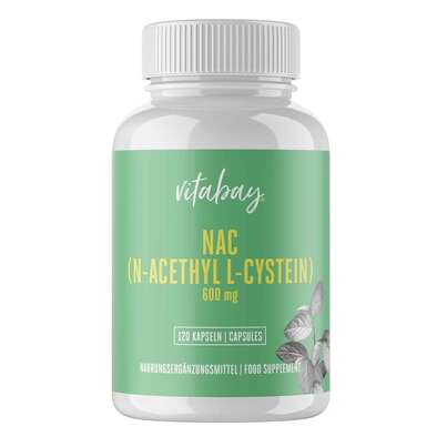 Sie sehen eine Packung Vitabay NAC (N-ACETHYL L-CYSTEIN) 600 mg Kapseln, Produktbild: 01 Vitabay NAC (N-ACETHYL L-CYSTEIN) 600 mg Kapseln, A-Nr.: 5878150 - 01