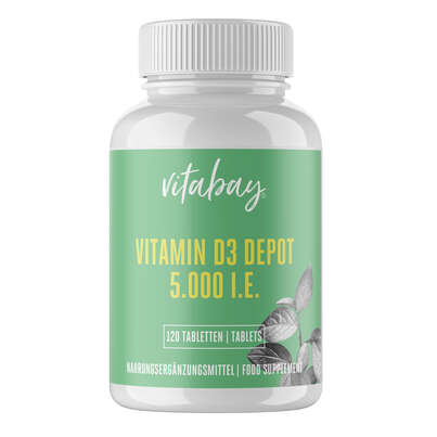 Sie sehen eine Packung Vitabay Vitamin D3 Depot 5.000 I.E. Tabletten, Produktbild: 01 Vitabay Vitamin D3 Depot 5.000 I.E. Tabletten, A-Nr.: 5877759 - 01