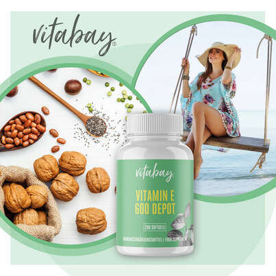Sie sehen eine Packung Vitabay Vitamin E 600 IE Weichkapseln, Produktbild: 02 Vitabay Vitamin E 600 IE Weichkapseln, A-Nr.: 5878144 - 02