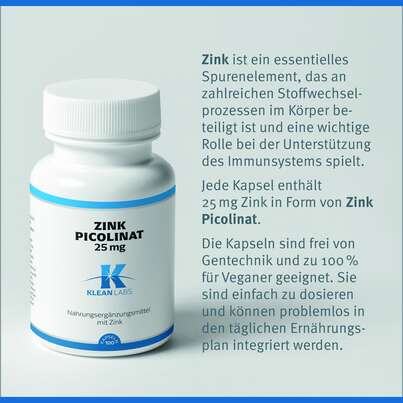 Sie sehen eine Packung Zink Picolinat 25 mg Klean Labs Kapseln, Produktbild: 07 Zink Picolinat 25 mg Klean Labs Kapseln, A-Nr.: 5755631 - 07