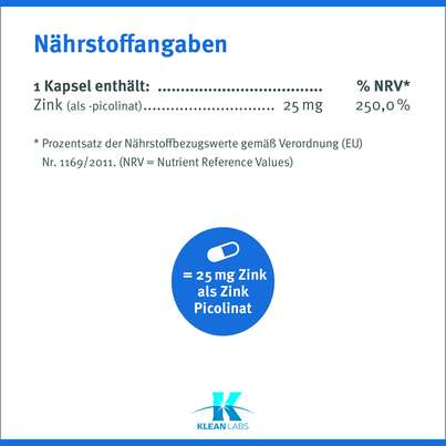 Sie sehen eine Packung Zink Picolinat 25 mg Klean Labs Kapseln, Produktbild: 08 Zink Picolinat 25 mg Klean Labs Kapseln, A-Nr.: 5755631 - 08
