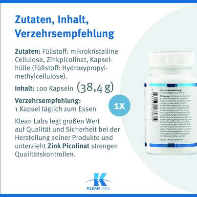 Sie sehen eine Packung Zink Picolinat 25 mg Klean Labs Kapseln, Produktbild: 09 Zink Picolinat 25 mg Klean Labs Kapseln, A-Nr.: 5755631 - 09