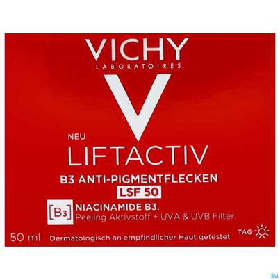 Sie sehen eine Packung Vichy Liftactiv B3 Anti-pigmentflecken Creme Lsf50 50ml, Produktbild: 01 Vichy Liftactiv B3 Anti-pigmentflecken Creme Lsf50 50ml, A-Nr.: 5662504 - 01