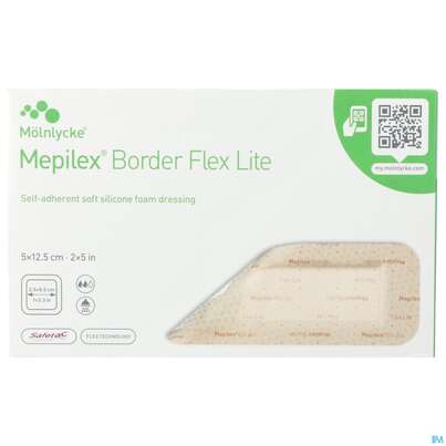 Sie sehen eine Packung Wundverband Mepilex Silikon Border/flex/lite 5x 12,5cm 5st, Produktbild: 01 Wundverband Mepilex Silikon Border/flex/lite 5x 12,5cm 5st, A-Nr.: 3067826 - 01