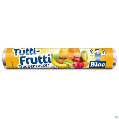 Sie sehen eine Packung Bloc Traubenzucker Rollen Tutti-frutti 42g, Produktbild: 01 Bloc Traubenzucker Rollen Tutti-frutti 42g, A-Nr.: 3386402 - 01